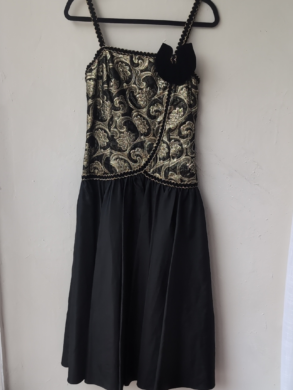 Recollections Black and Gold Brocade Midi Dress with Floral Appliqué